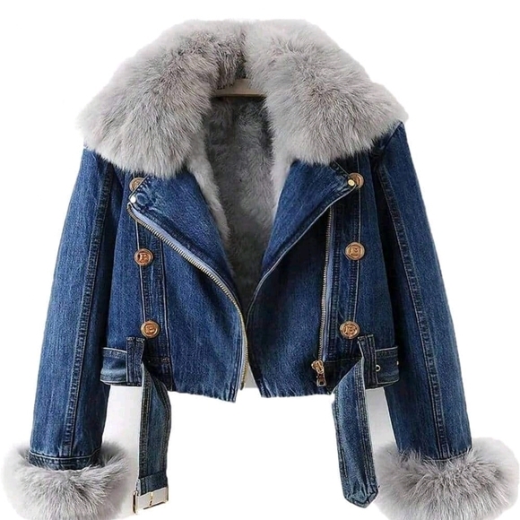 Stylish Blue Denim Jacket with Gray Faux Fur Trim - Picture 1 of 5
